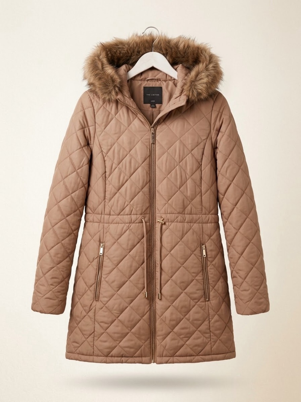 The Limited Quilted Faux-Fur Trim Hooded Puffer Coat in Taupe
